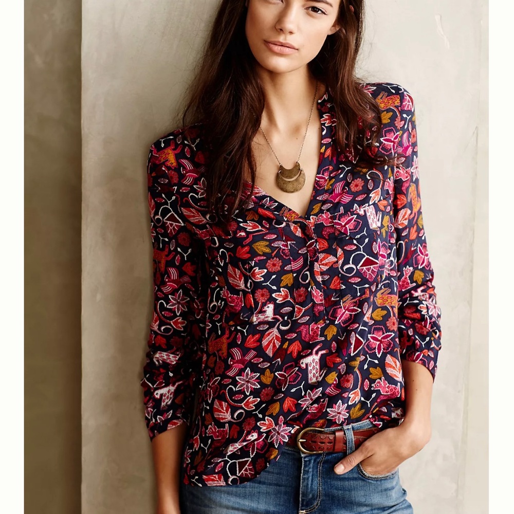 Anthropologie Jewel Tone Animal Print Blouse